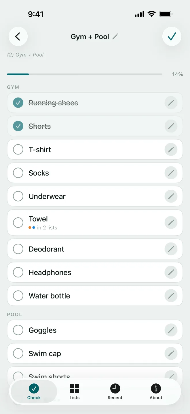 A Gym + Pool checklist with two items ticked and the towel marked “in 2 lists”.